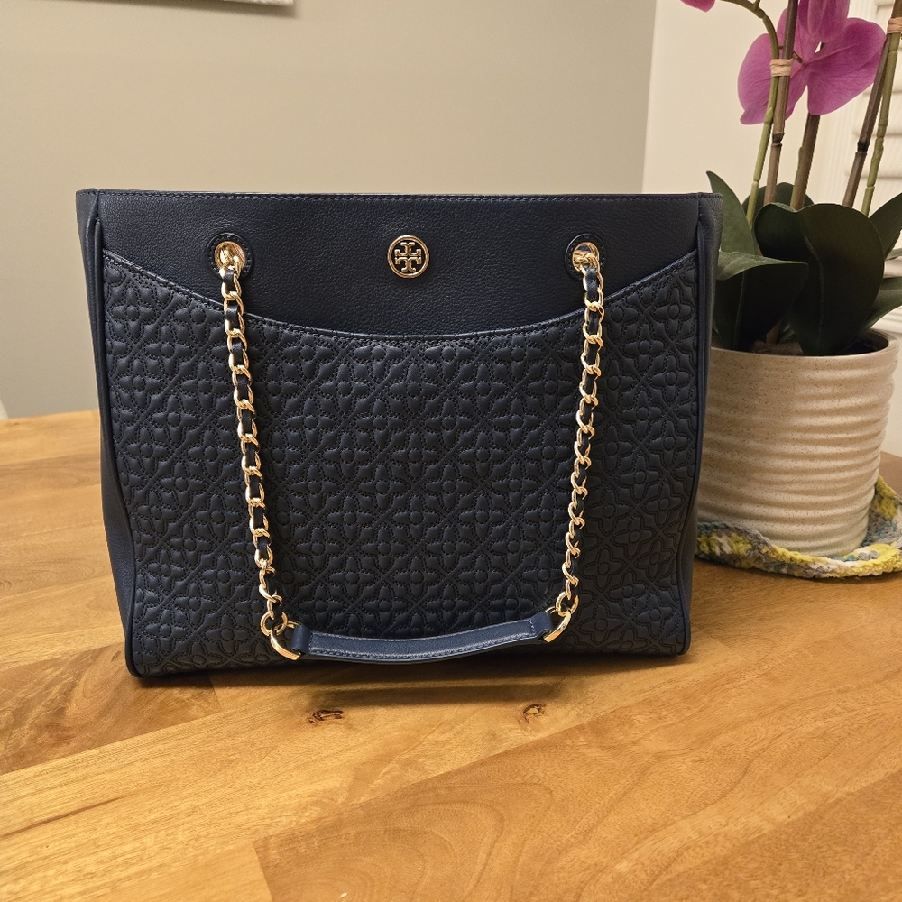 Tory Burch Tote Hudson Bay Navy Blue Gold Chain Bag